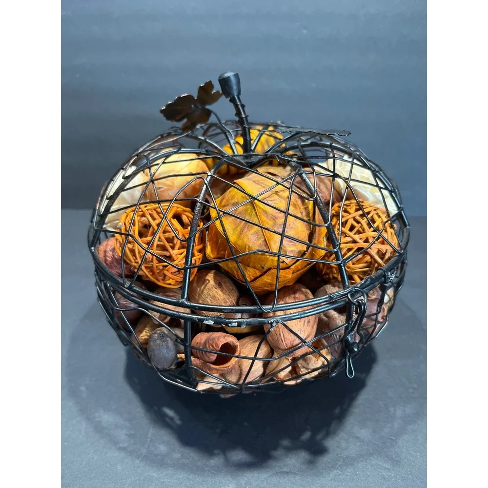 Black Wire Pumpkin Basket with Potpourri Fall Decor Metal Leaf Accent 9in